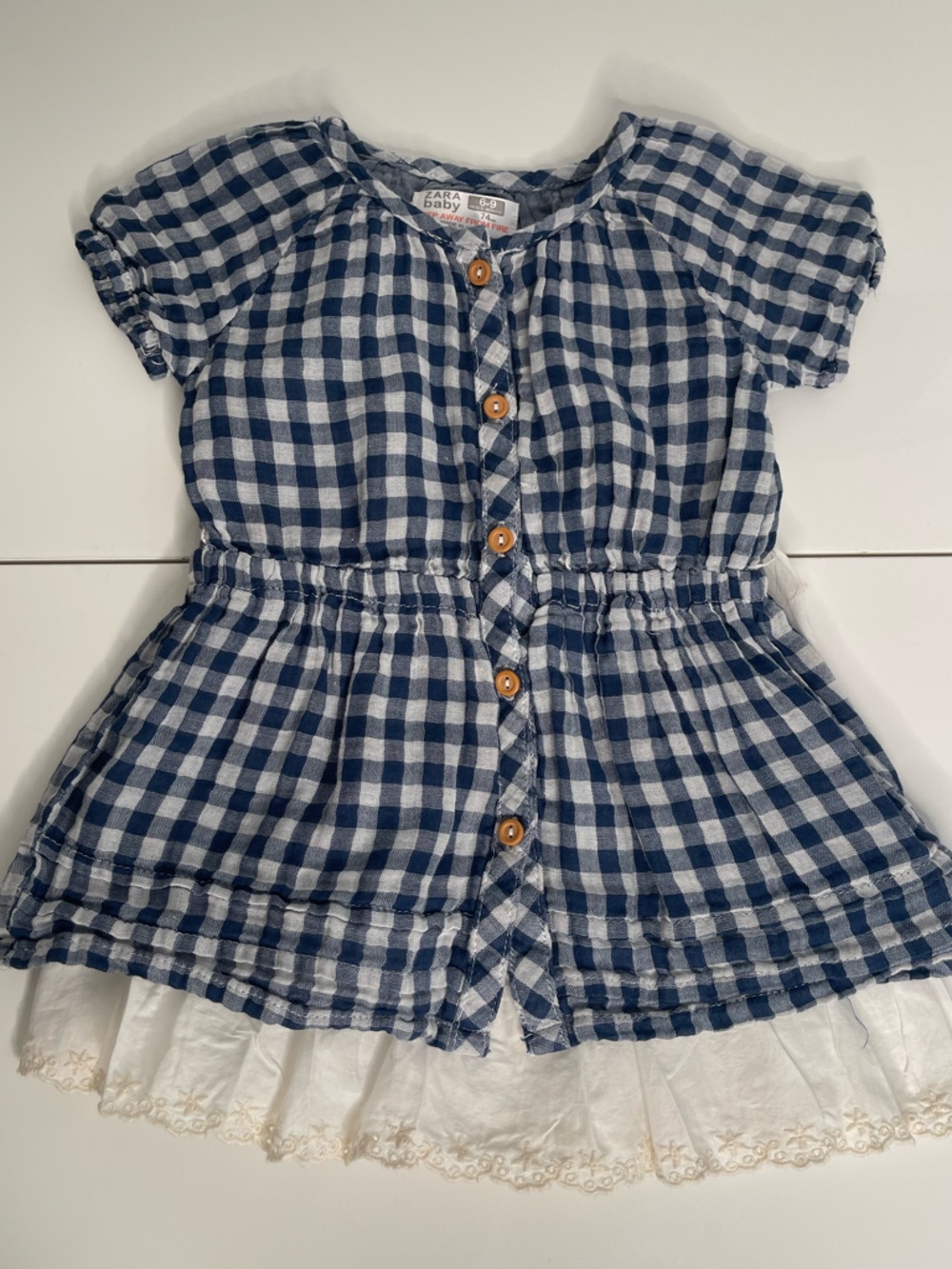 Zara Baby Gingham Dress Navy White Gingham Button-Front with Lace Trims Cotton